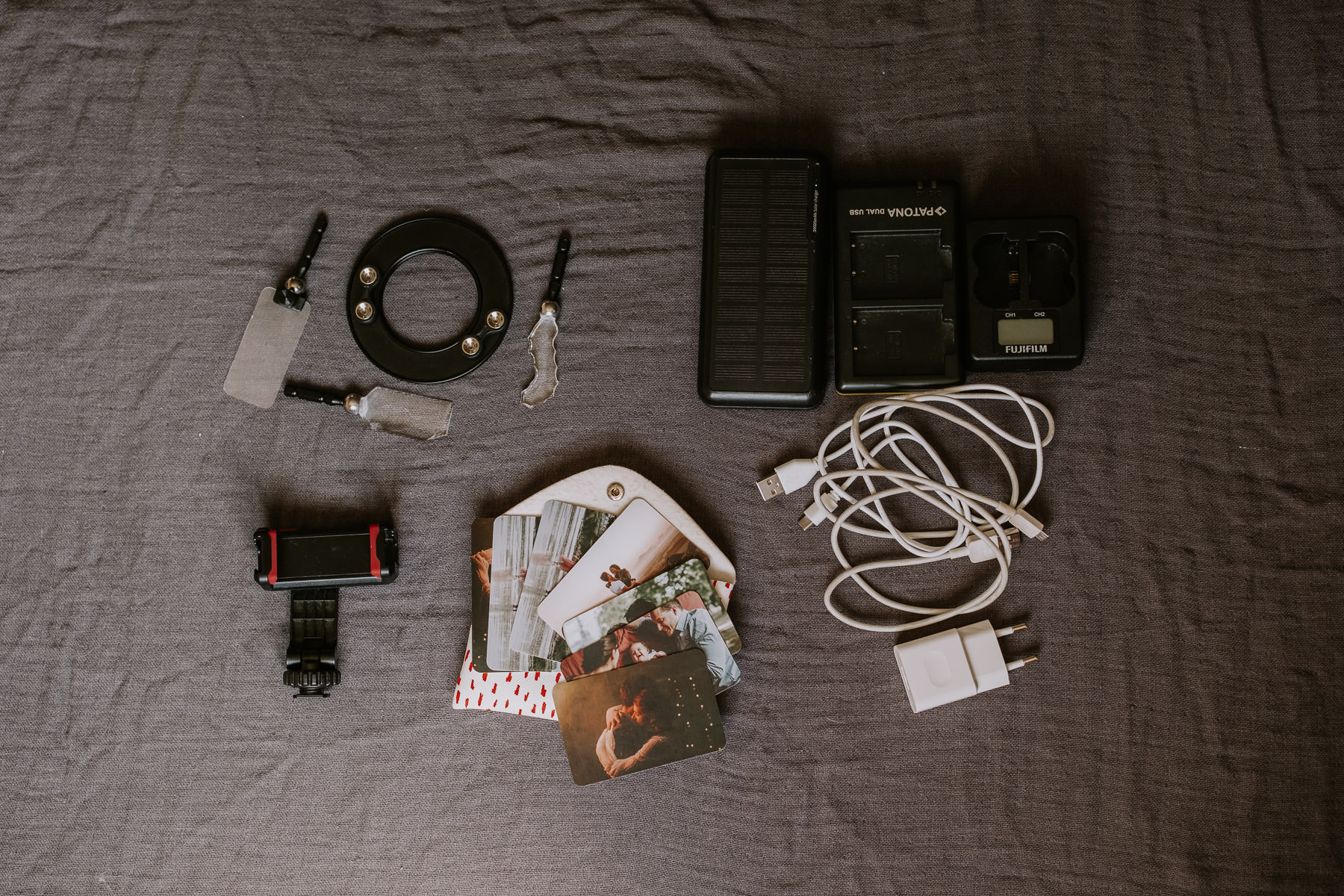 a group of objects on a bed