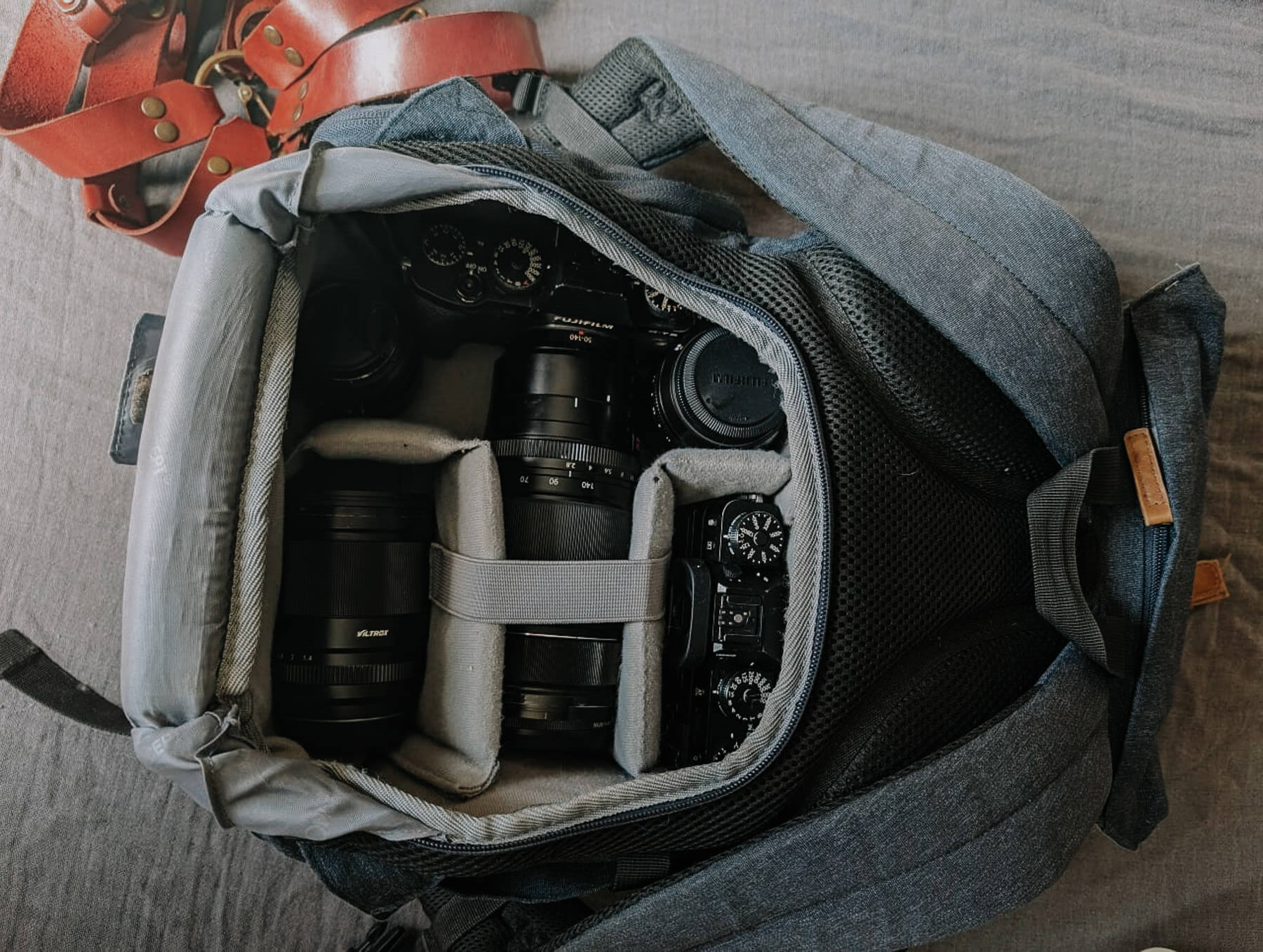 a camera bag with a camera lens inside